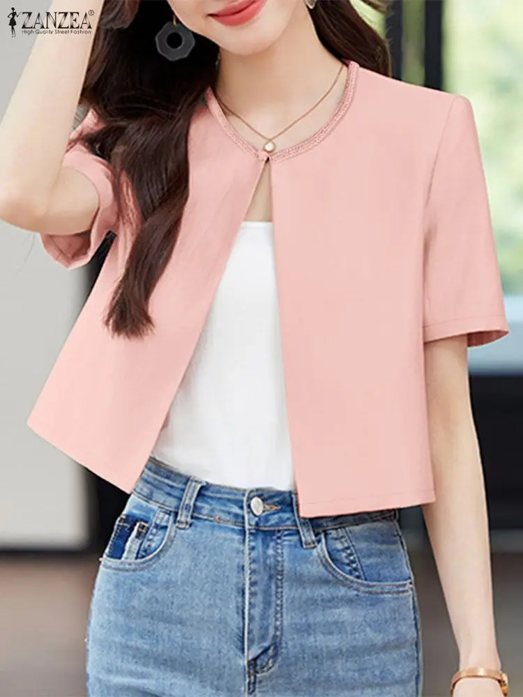 

ZANZEA Летний кардиган Элегантная женская атласная блузка с круглым вырезом и коротким рукавом Blusas Стильная праздничная рубашка Повседневные топы Женская накидка