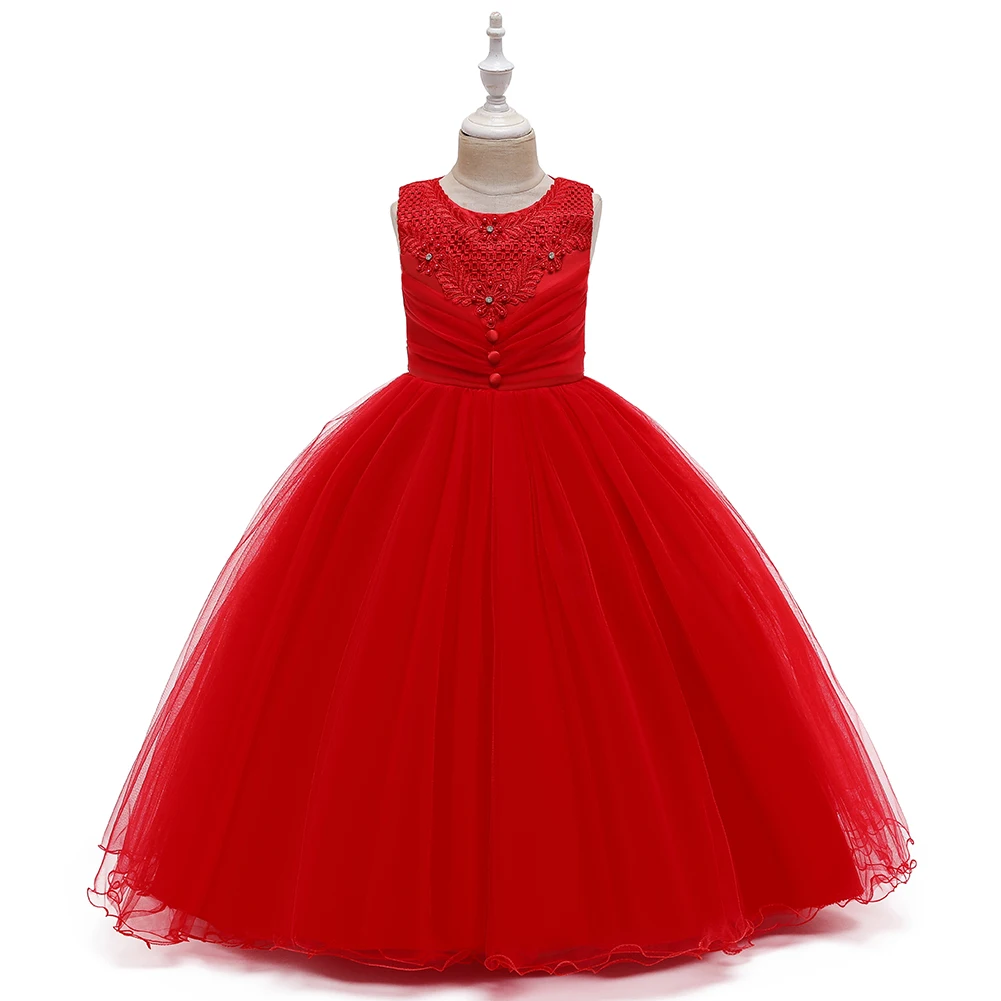 6 Colors 110cm-160cm Autumn Girl Dress Princess Children Skirt Wedding Ball Gown Sleeveless Performance Vestidos