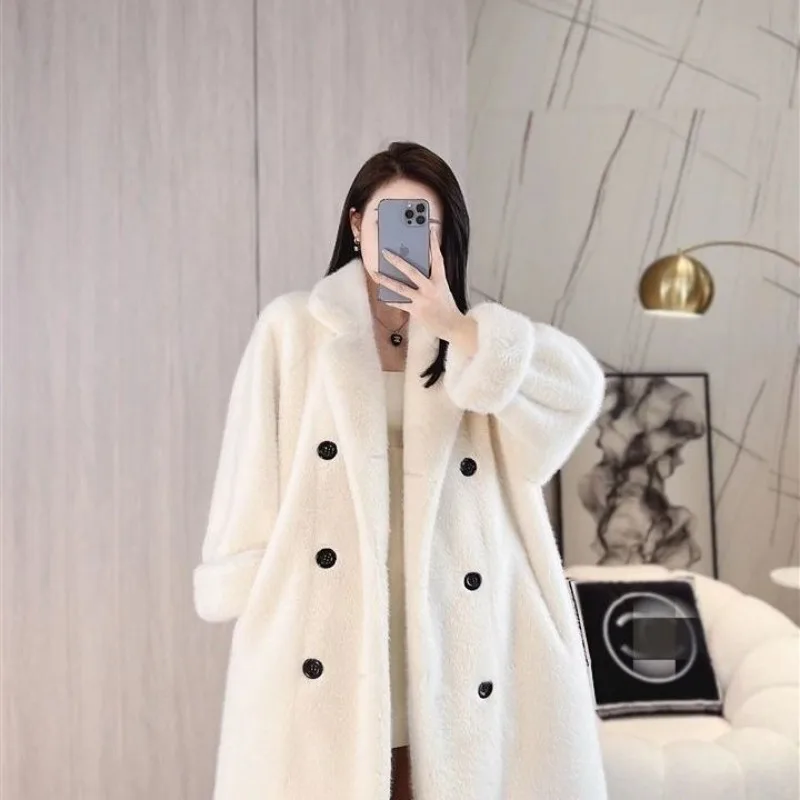 2023 New Women Winter Faux Fur Coat Eco-friendly Mink Fleece Overcoat Fur Long Jacket Loose Korean Style Double-breasted Outwear