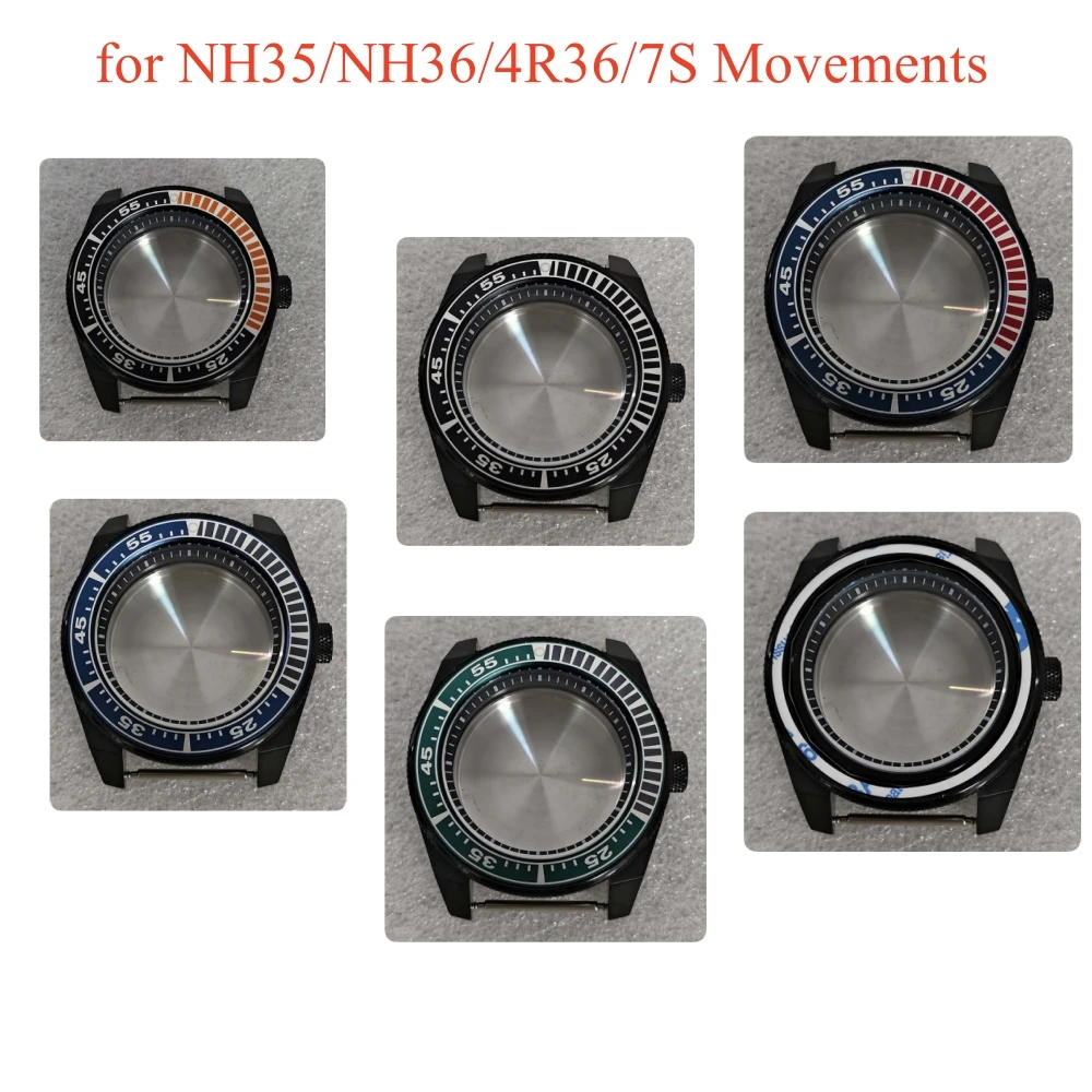 For NH35/NH36/4R36/7S Movements 43mm Black Stripe Inner Shadow Steel Case with Aluminium Bezel Sapphire Crystal Watch Accessory
