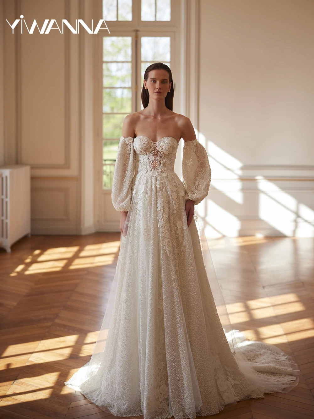 

Sparkly Pearls A-line Long Wedding Dress With Detachable Sleeve Sweetheart Neck Bridal Gown New Customized Dresses For Bride