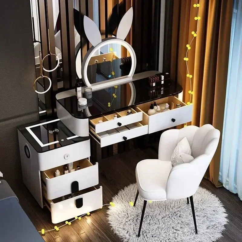 Luxury Dressing Table with Smart Wireless Charging Nordic Vanity Bedroom Multifunctional Makeup Table with Sound Bear Led Mirror