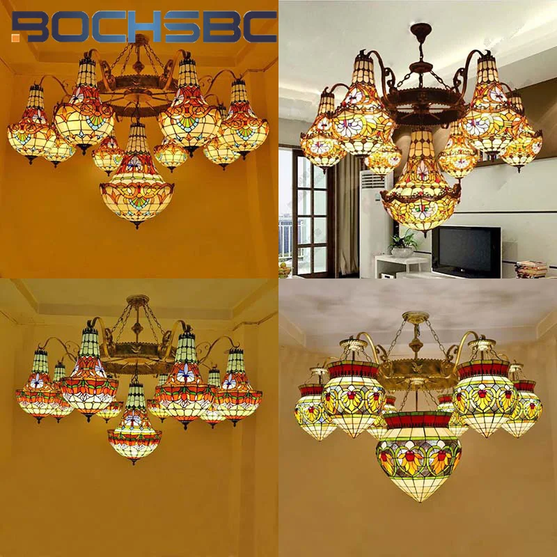 BOCHSBC Tiffany stained glass tulip pattern Baroque European chandelier Hotel Living room Bedroom light Restaurant Villa LEDdeco