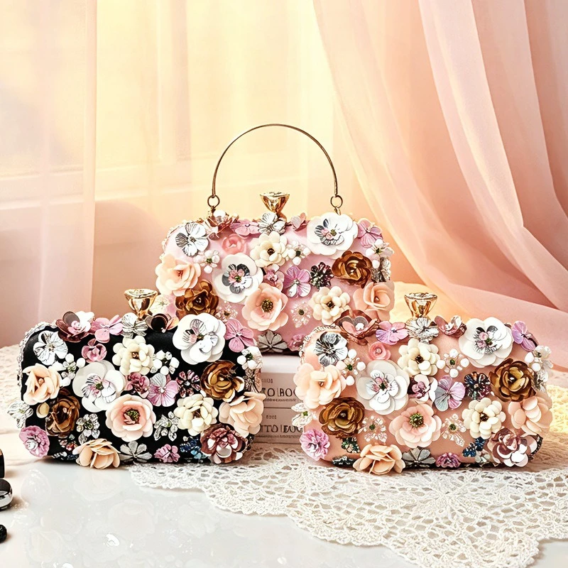 Handmade Embroidered Flower Sequin Bag Retro Portable Dinner Banquet Bag Cross-border Evening Bag Chaozhou Factory Direct Sales