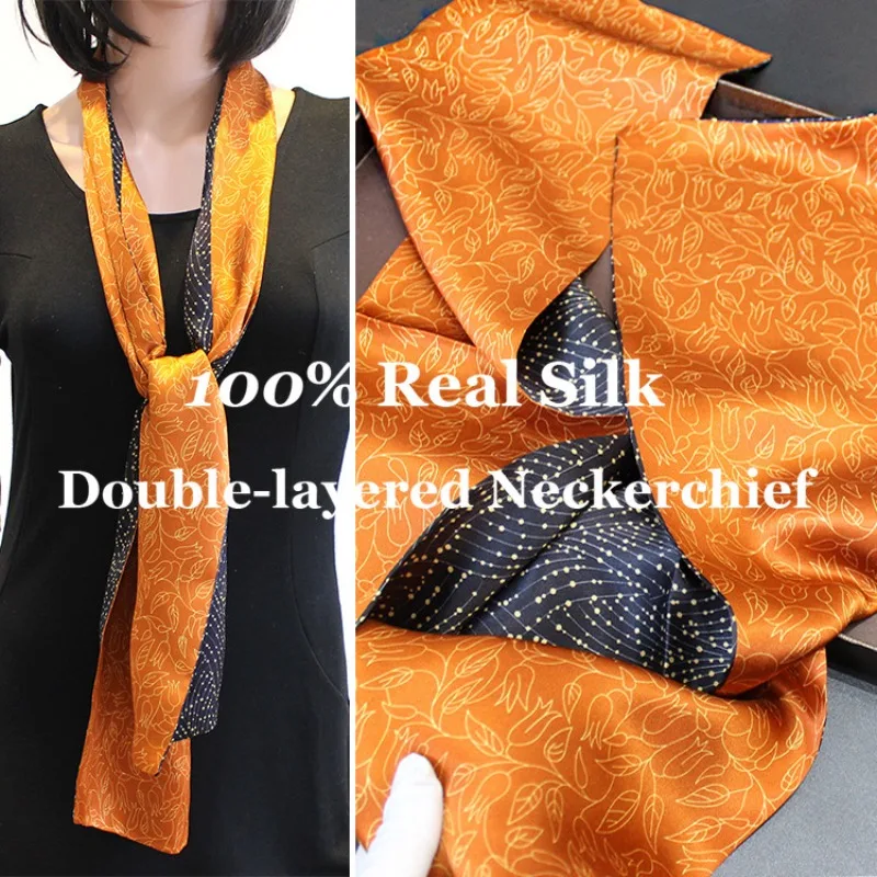 

Роскошный узкий шелковый платок из 100% натурального шелка с двусторонним принтом, женский длинный шейный платок, повязка для волос, шейный аксессуар, шелковая лента для волос