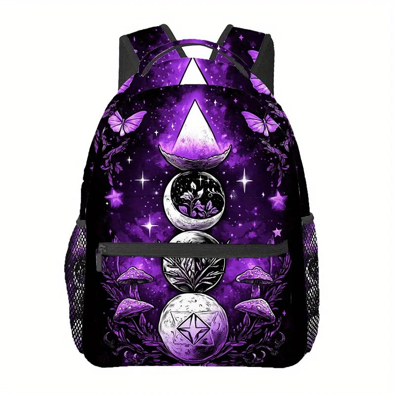 Mystical Celestial Boho Backpack for Men Women Adjustable Straps Lightweight Foldable Purple Galaxy Design with Moon