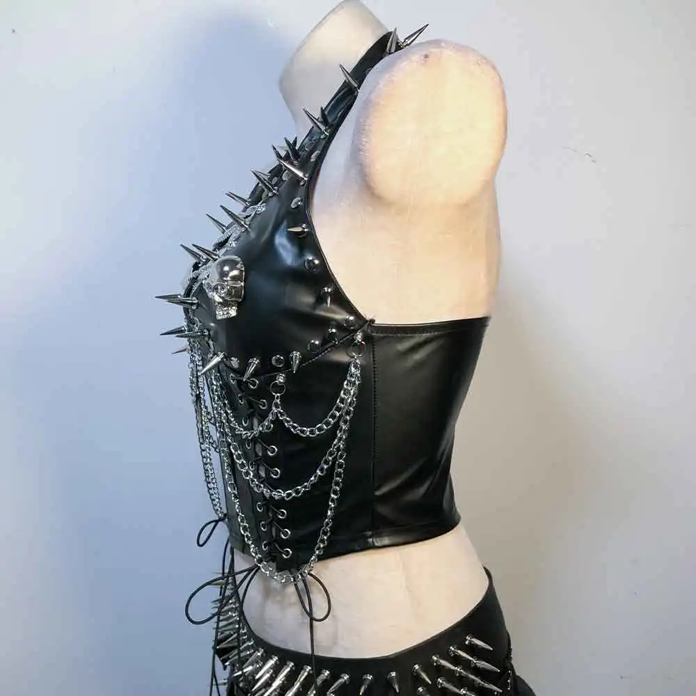 Goth Tops Rave Punk Rock Clothes Y2K T-shirt PU leather Black Festival Emo Clothing ALT Cybergoth Grunge Fairy Gothic Tank