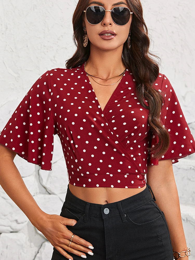 Fashion Elegant Back Bandage Women Crop Tops With Ruffled Sleeves Retro Classic Polka Dot Chiffon Shirts for Ladies