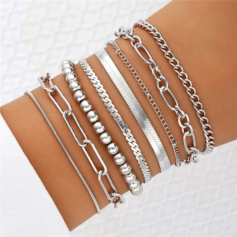 Cuban Chain Twisted Rope Chian Bracelet for Men and Women, Hip Hop, Punk, Silver Color Beads, Fashion Jewelry Gifts, 8Pcs