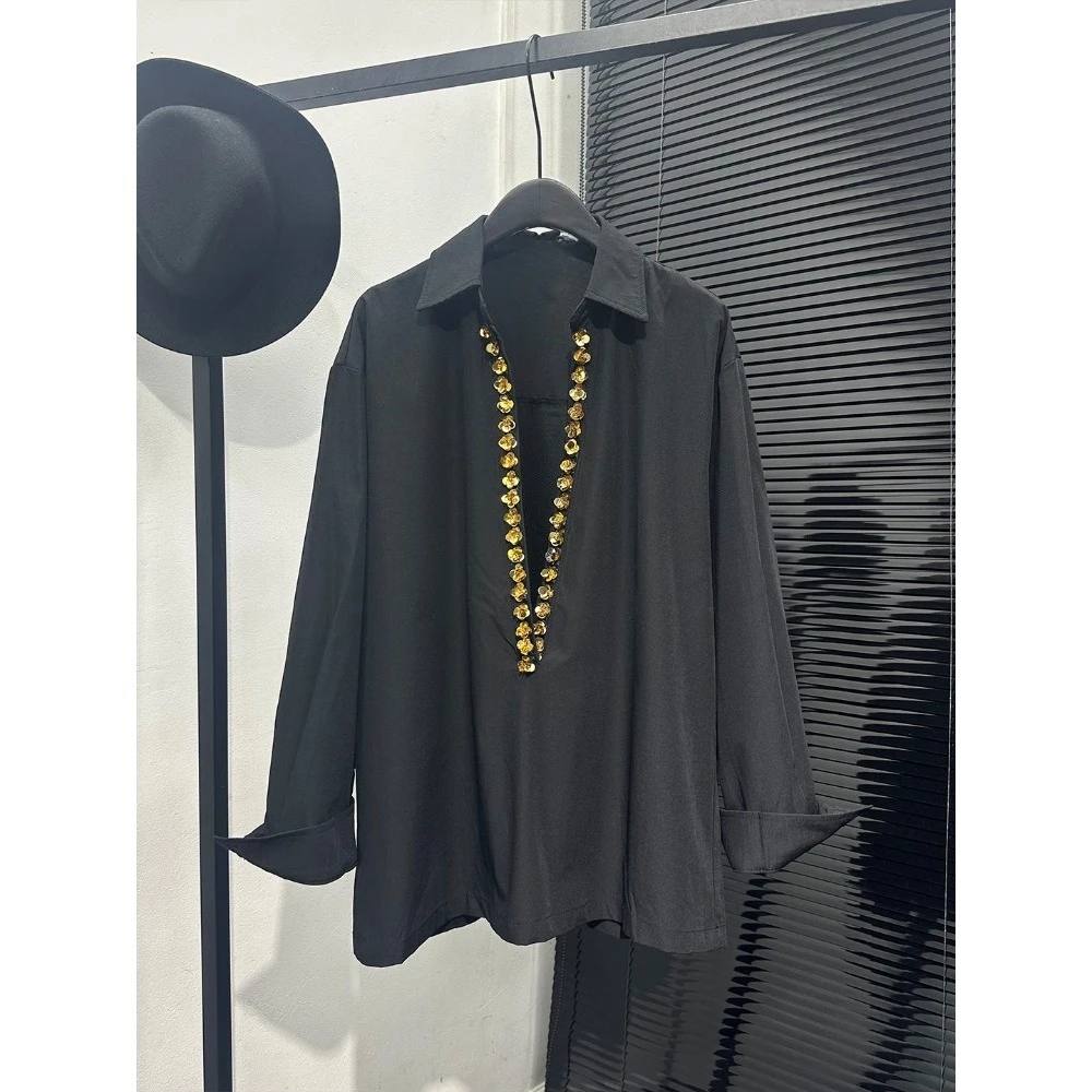 

Spring Men's Loose Fit Deep V Neck Shirt with Sequins Long Sleeve Casual Tops