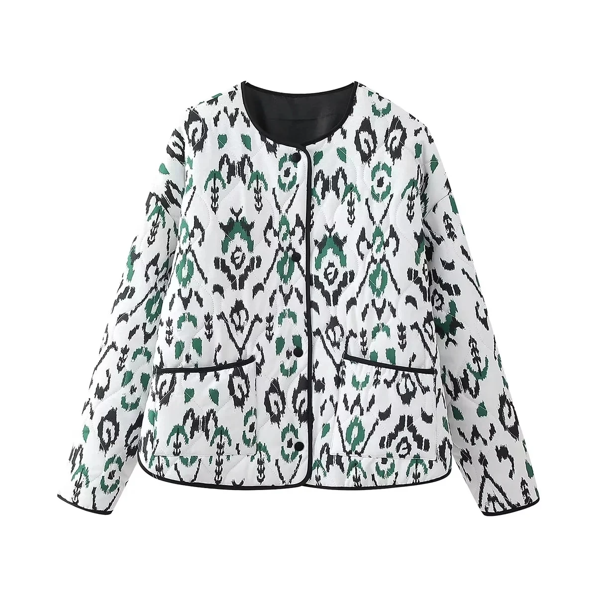 Black Printed Women's Demi-Season Jacket 2024 Outerwears Autumn Coat White Green Quilted Winter Fashion Vintage Casual Chic Y2k