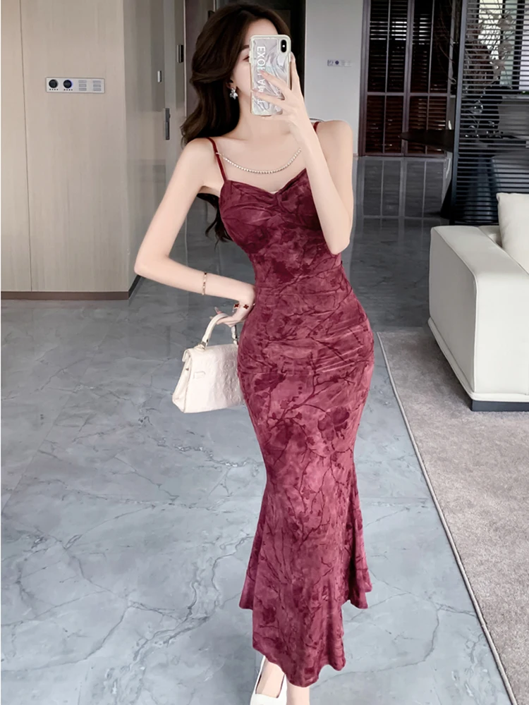 Frauen Beflockung Drucken Elegante Kette Schlinge Sexy Langes Kleid Frühling Sommer Koreanische Vintage Party Kleid 2025, Luxus Bodycon Prom Kleid