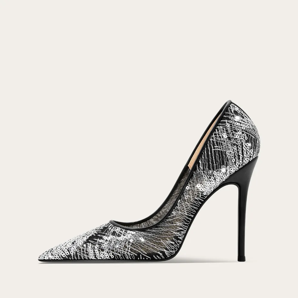 

Embroidered Lace Mesh High Heels Women Elegant Black Sexy Dress Shoes for Party