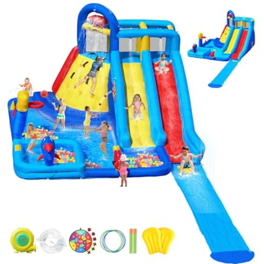 

Extra Large Inflatable Bouncy Castle with Long Water Slide for 3-10 Blue and White Design Durable PVC Material Includes 550W Ai