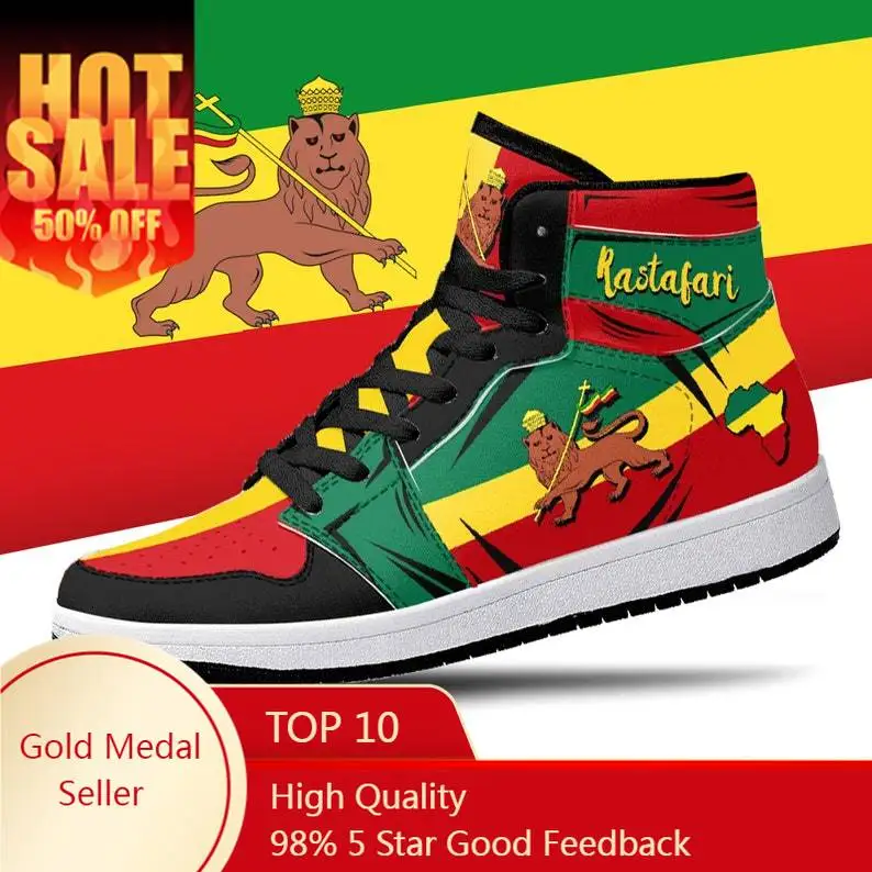 Rastafari Lion of Judah Premium High Tops Basketball Sneakers Print Design Woman Man Holiday Party Matching Custom Dropshipping