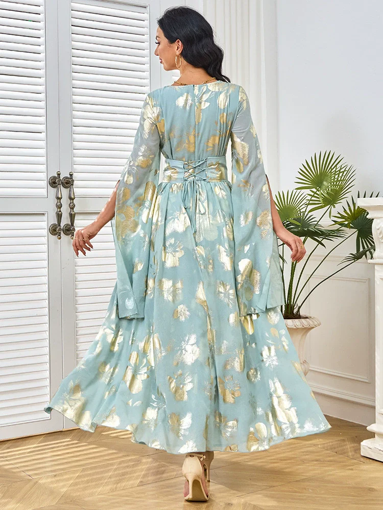 فستان عباية عصرية بأكمام مقسمة وختم ساخن في الشرق الأوسط إسلامي فاخر على الموضة رداء طويل تنورة نسائية طويلة