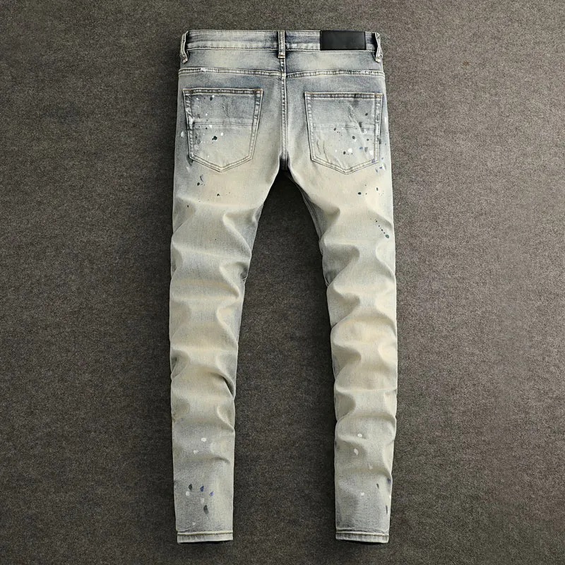 

y2kStreetweary Jeans, High-Quality Vintage Wash Stretch Slim Fit Ripped Patchwork Light Blue Denim Pants with Designer Panels