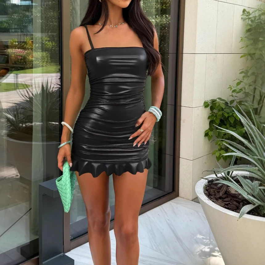 

Mini Dress Women Pu Leather Sling Dresses Vestidos Streetwear Sexy Slim Party Club Elegant Y2k Bodycon High Waist Summer 2025