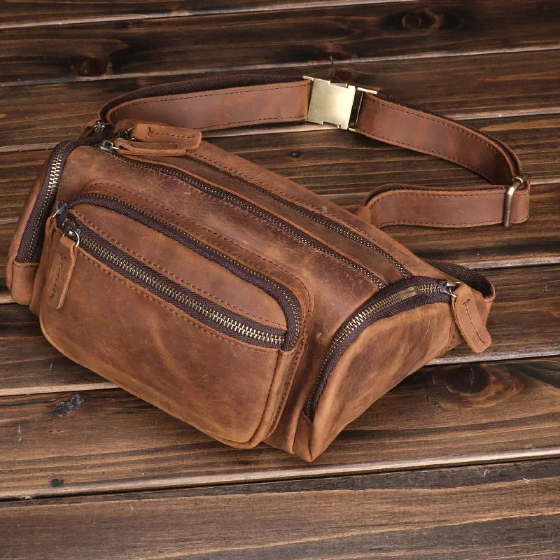 Genuine Leather Men's Chest Bag Vintage Multi-layered Functional Shoulder Bag