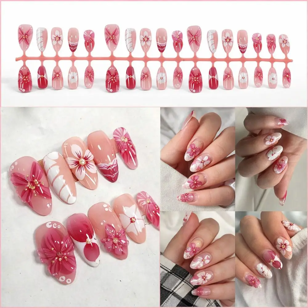 3D Flower Press-on Nails Exquisite Gradient Pink Artificial Nail Tips Reusable Almond-shaped Long Nail Sticker Women and Girls