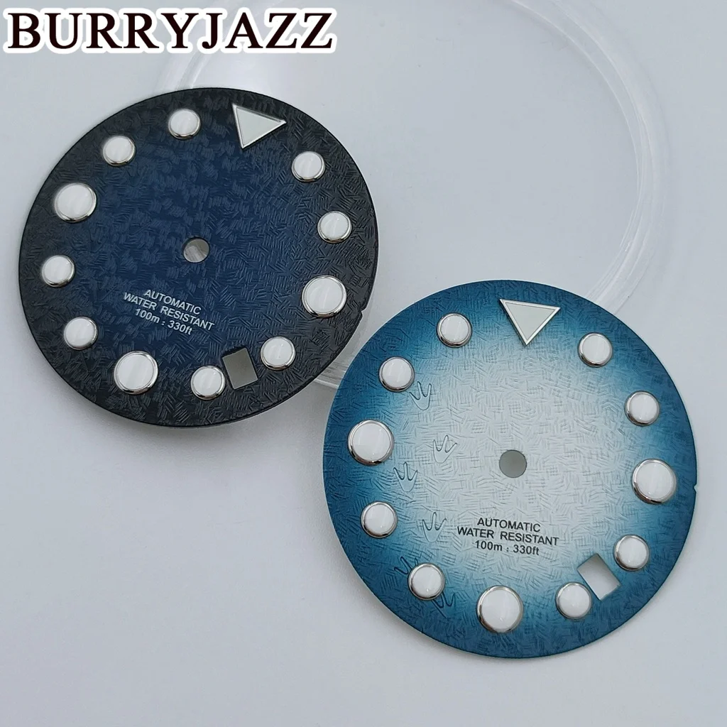 BURRYJAZZ 29mm No Logo NH35 Watch Dials Black Blue/Light Blue White Dial Green Luminous Fit 3 O\'clock 3.8 O\'clock Case Crown