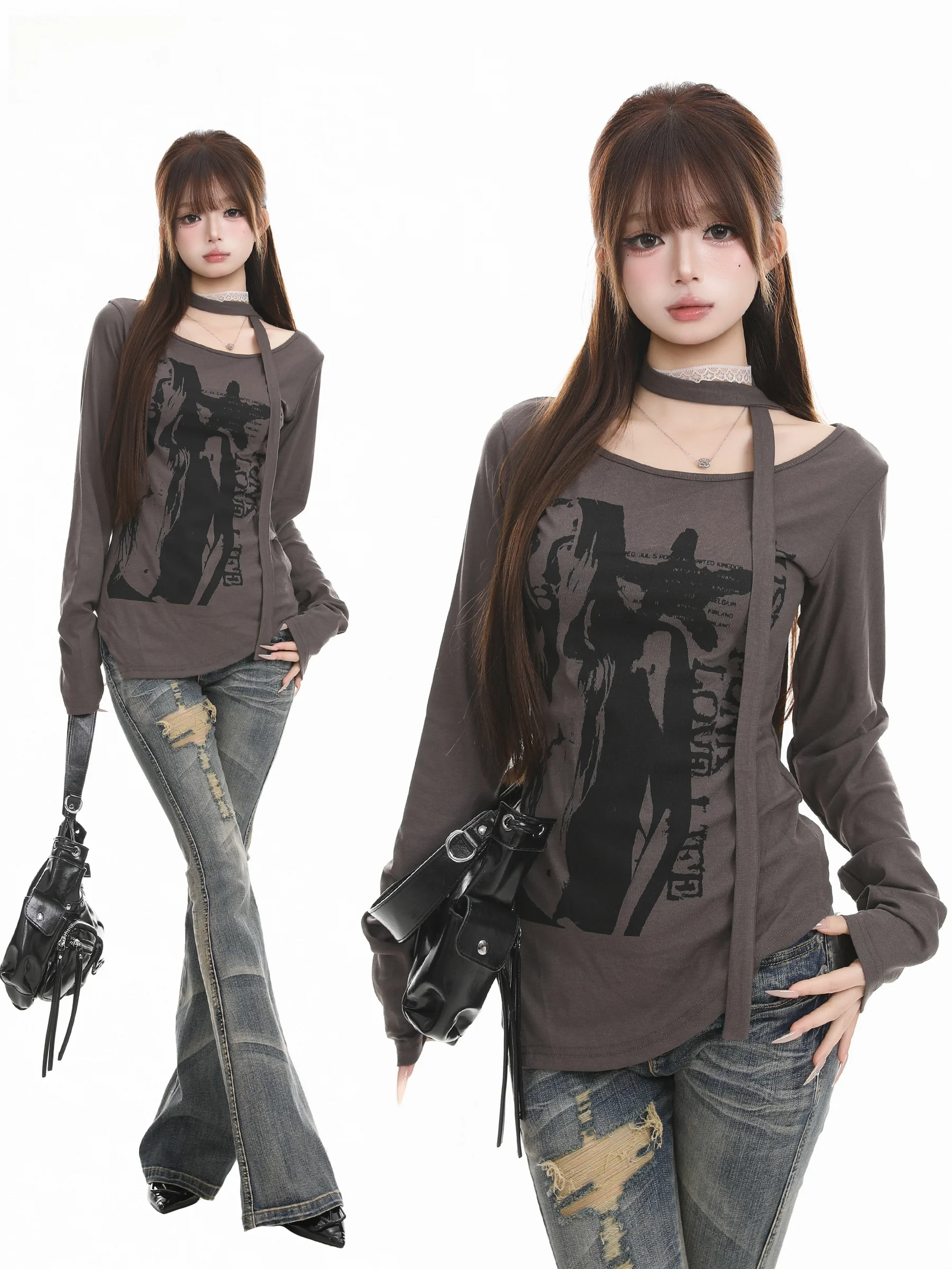 Slim Fit Long Sleeve T-Shirt Women's Autumn Fashionable Printed Base Layer Top Punk Chic Portrait Design Breathable Polyester