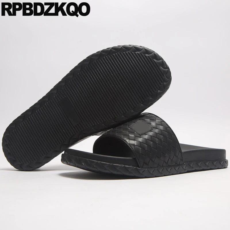 

Luxury Slides Leather Summer Slip On Slippers Black Designer Shoes Men High Quality Flat Woven Breathable Native Sandals Italian