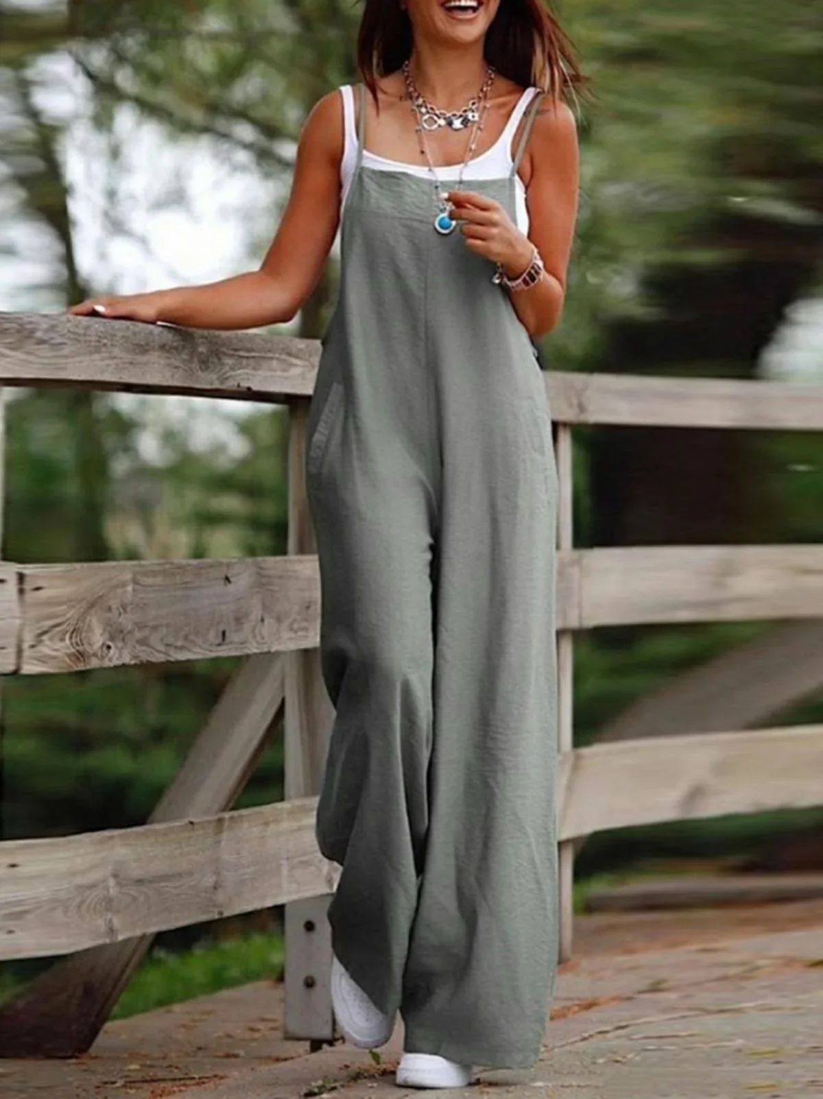 Jumpsuit Wanita Musim Panas Jumpsuit Wanita Kaki Lebar Tanpa Lengan Punggung Terbuka Saku Selangkangan Dalam Jumpsuit Wanita Panjang Penuh