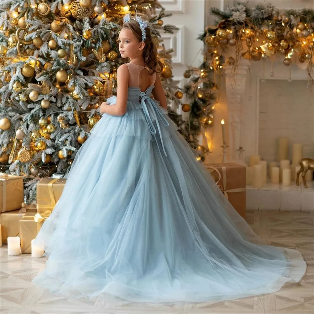 Customized Blue Flower Girl Dresses For Wedding Tulle Backless Floor Length Elegant Birthday Quinceanera First Communion Gown