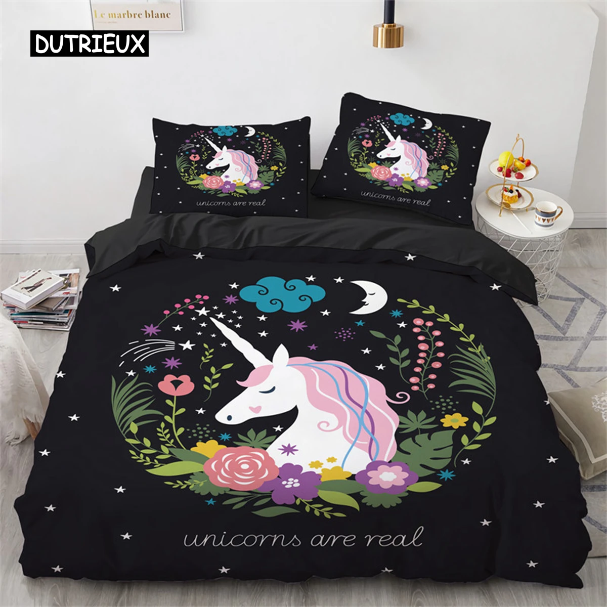 Duvet Cover Cartoon Unicorn Floral Bedding Set Microfiber Flying Horse Comforter Cover Full Queen Children Girls Bedroom Decor