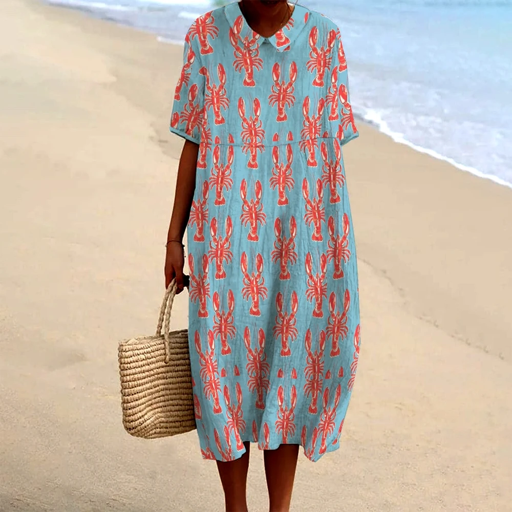 

Blue Casual Women's Dress Loose Lapel Lobster Graphic Print High Quality Beach Vacation Dress Trendy New Party Dresses