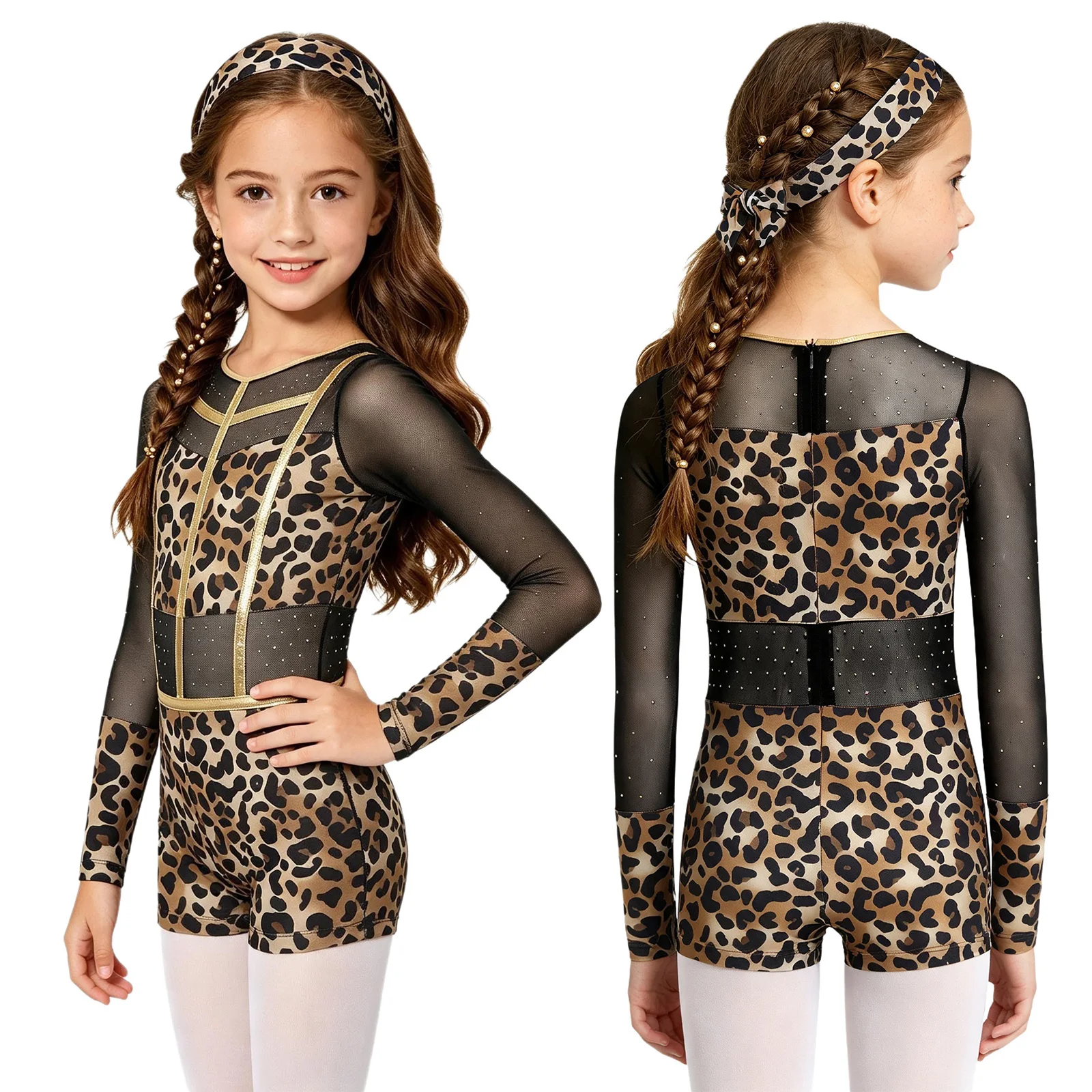 Kids Girls Halloween Caveman Costume Leopard Print Jumpsuit Long Sleeve Mesh Metallic Ballet Jersey Dance Gymnastics Bodysuit