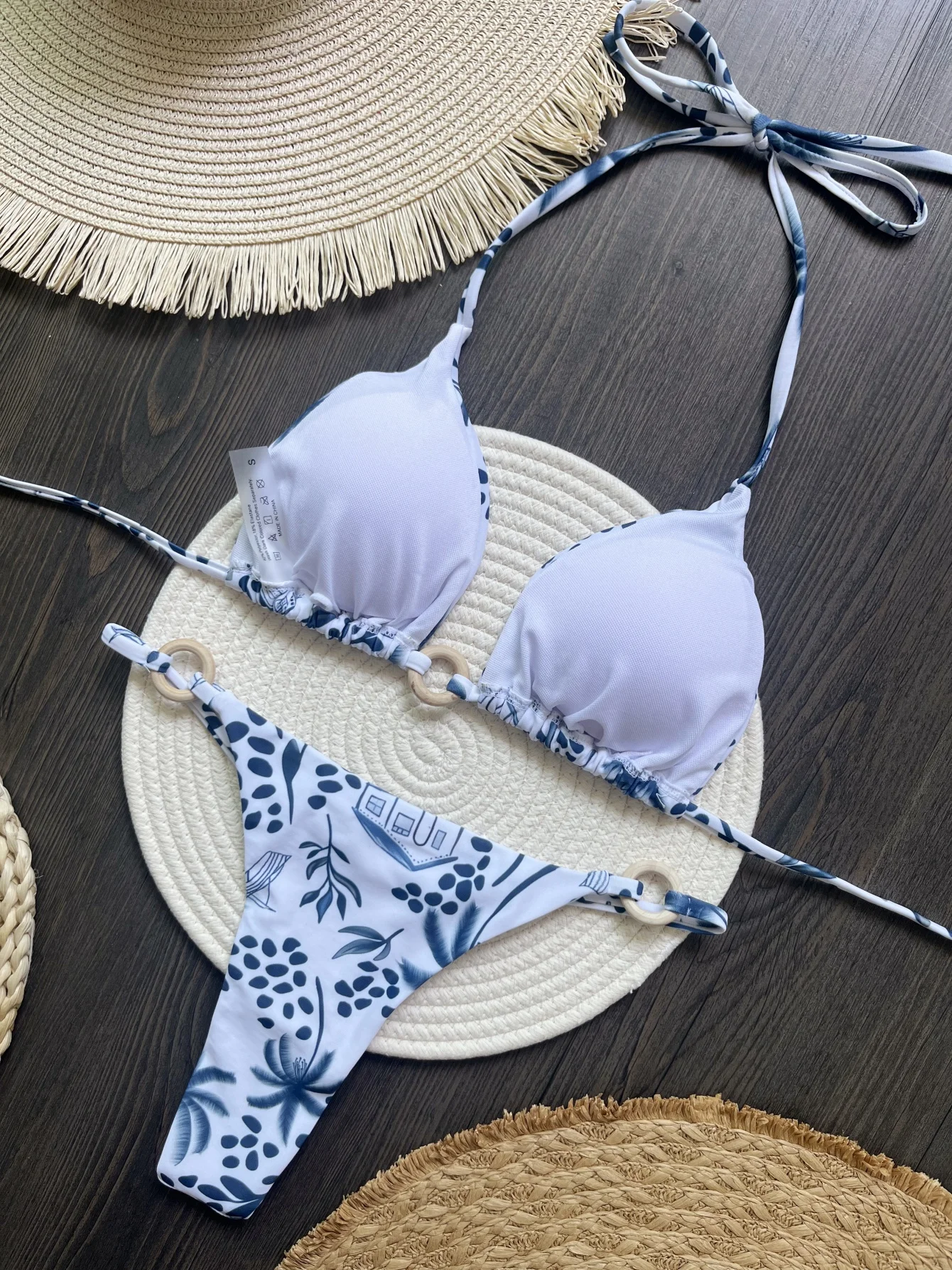 Sexy Swimwear Women Printed Triangle Cup Bra neck Strap Back Strap Side Female Beach Set Strap Bikini Suit