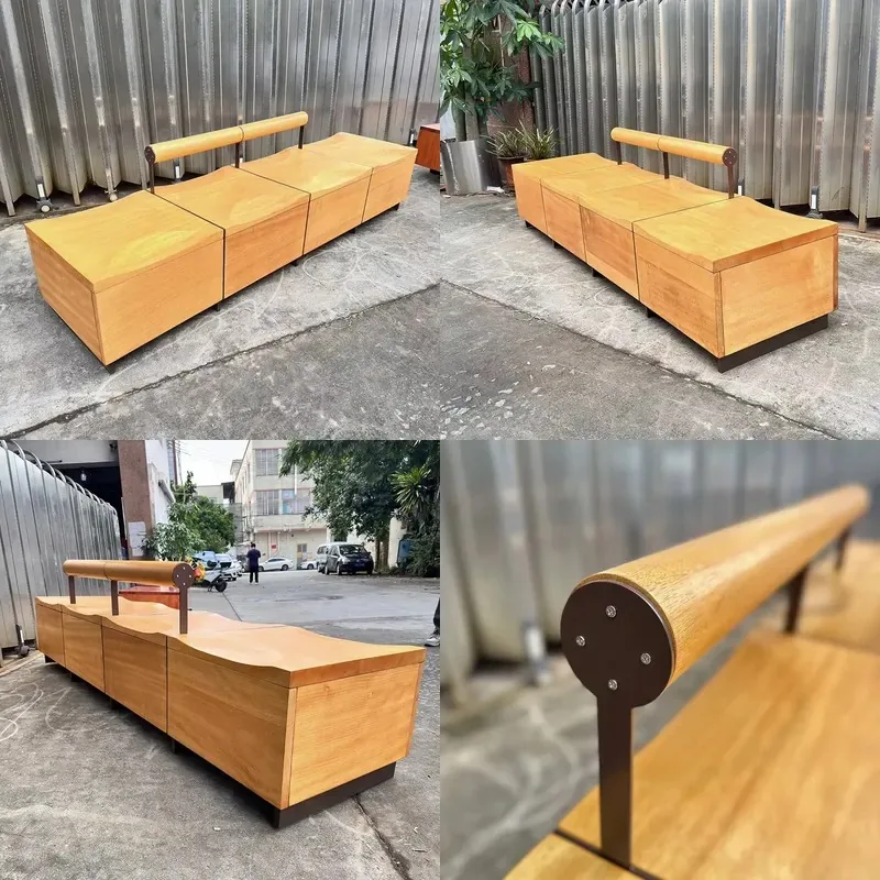 for Resort Public Commercial High Quality Outdoor Wooden Stool Stainless Steel Support Waterproof Hardwood Seat