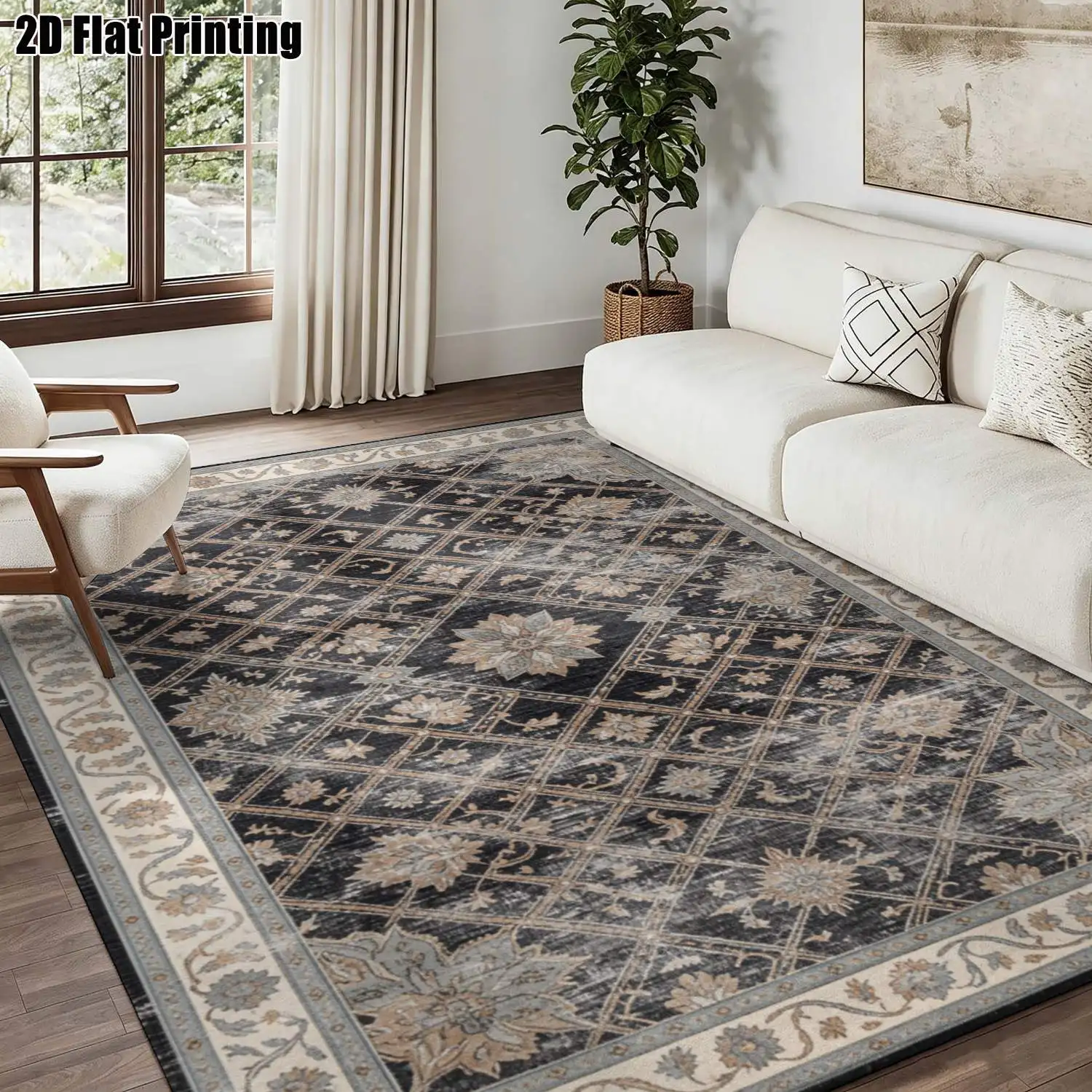 1Pc 2D Printed Brown Gold Retro Diamond Pattern Carpet, European Style, Machine Washable, Multi-Size for Home Decor