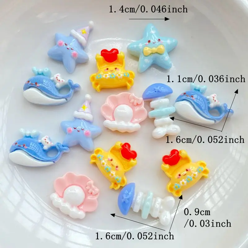 20Pcs Mixed Nail Art Resin Cartoon Little Whales, Shells, Crabs Series Charms Rhinestones DIY Craft For Nail 3D Decorations Jewe