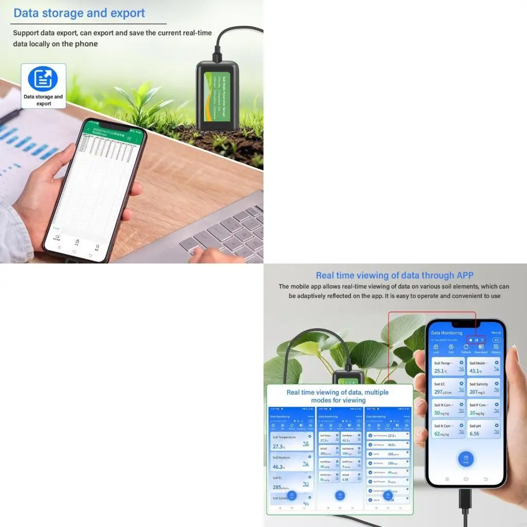 

USB Soil Tester With IP68 Waterproof Stainless Steel Probe Real Time Data Monitoring For Mobile App