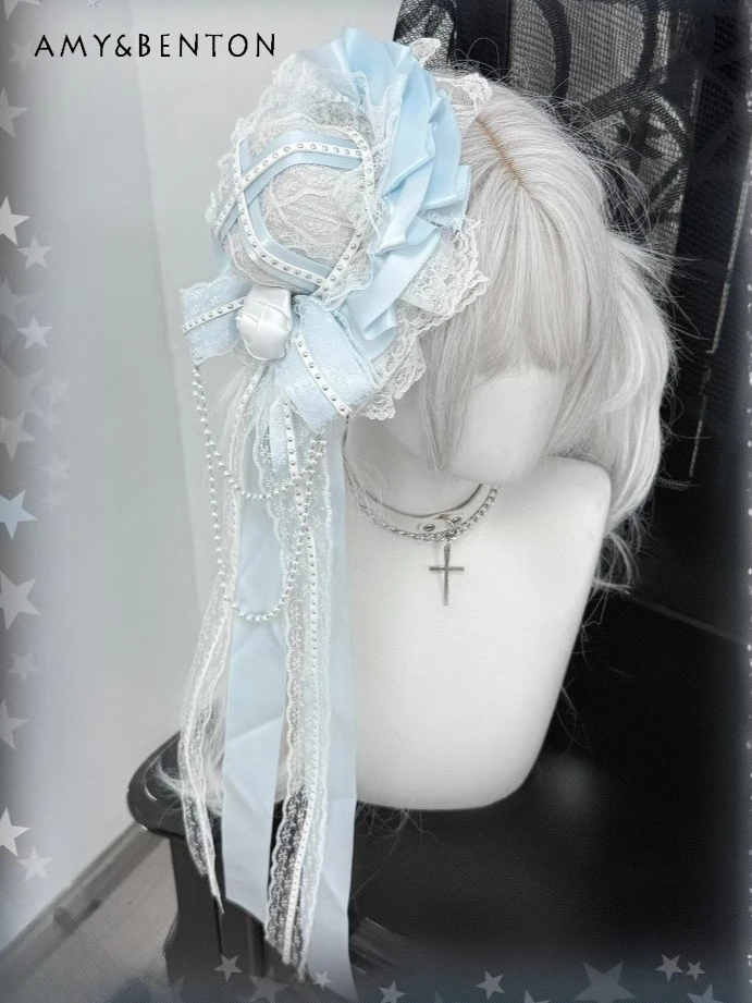 

Оригинальный дизайн, светло-голубой заколка для волос с кружевным бантом в стиле Лолиты, маленькая шляпа, субкультура, готический аксессуар на Хэллоуин, кавайные заколки для волос для женщин