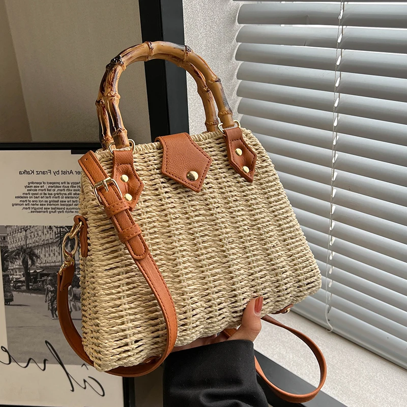 

Bamboo Handle Rattan Bag Handbags Summer Straw Box Bags for Women 2023 Fashion Beach Shoulder Crossbody Bag Travel Woven Bags