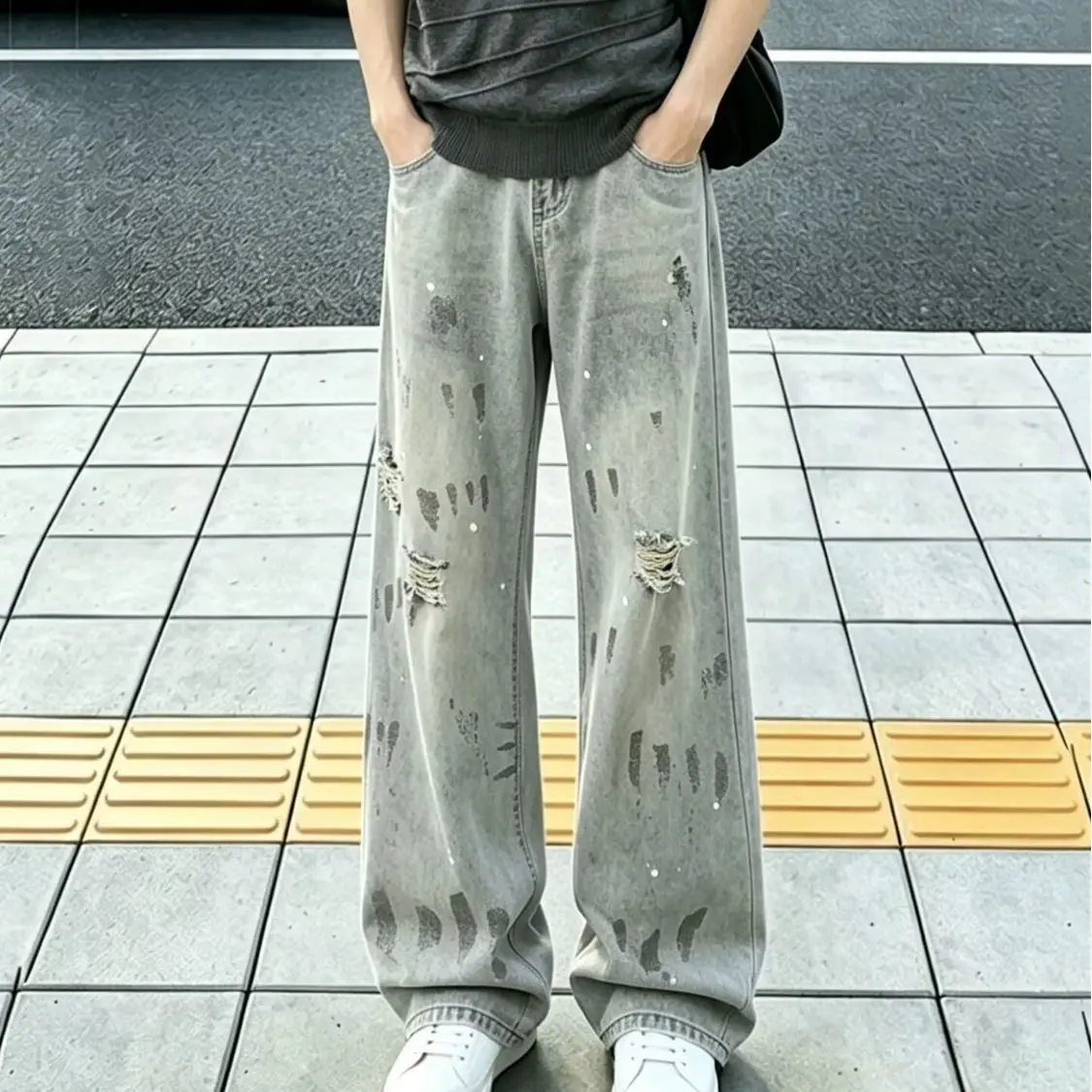 Men's Hole Dyeing Retro Distressed Jeans Casual Thin Pants Street Bottom Boy Wide Legs Black Sweatpants Male High Waist Trousers