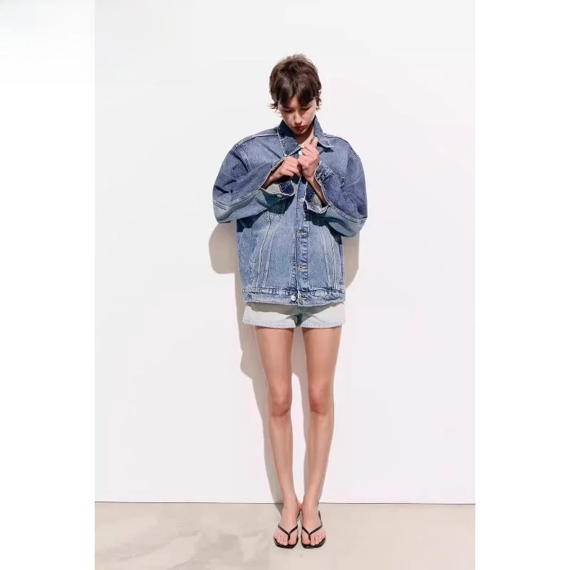 

Spring 2024 Women's Loose Fit Long Sve Collared Casual Denim Jaet Open-Ba Embellied Regular Thin Single Piece