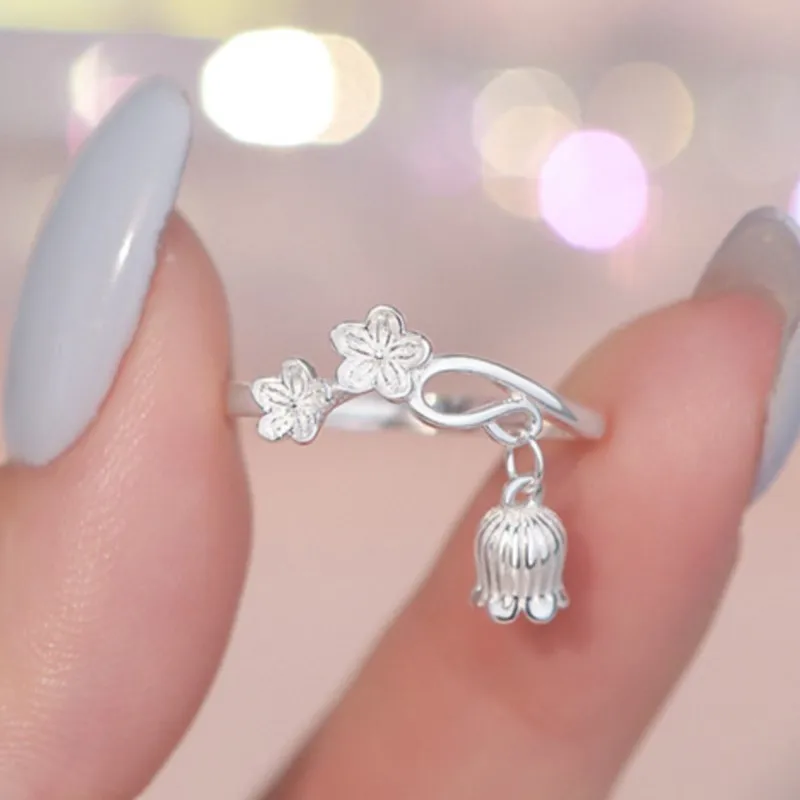 PANJBJ 100% 925 Sterling Silver Lily Valley Ring for Women Flower Tassels Design Sweet Irregular Jewelry Gift Dropshipping