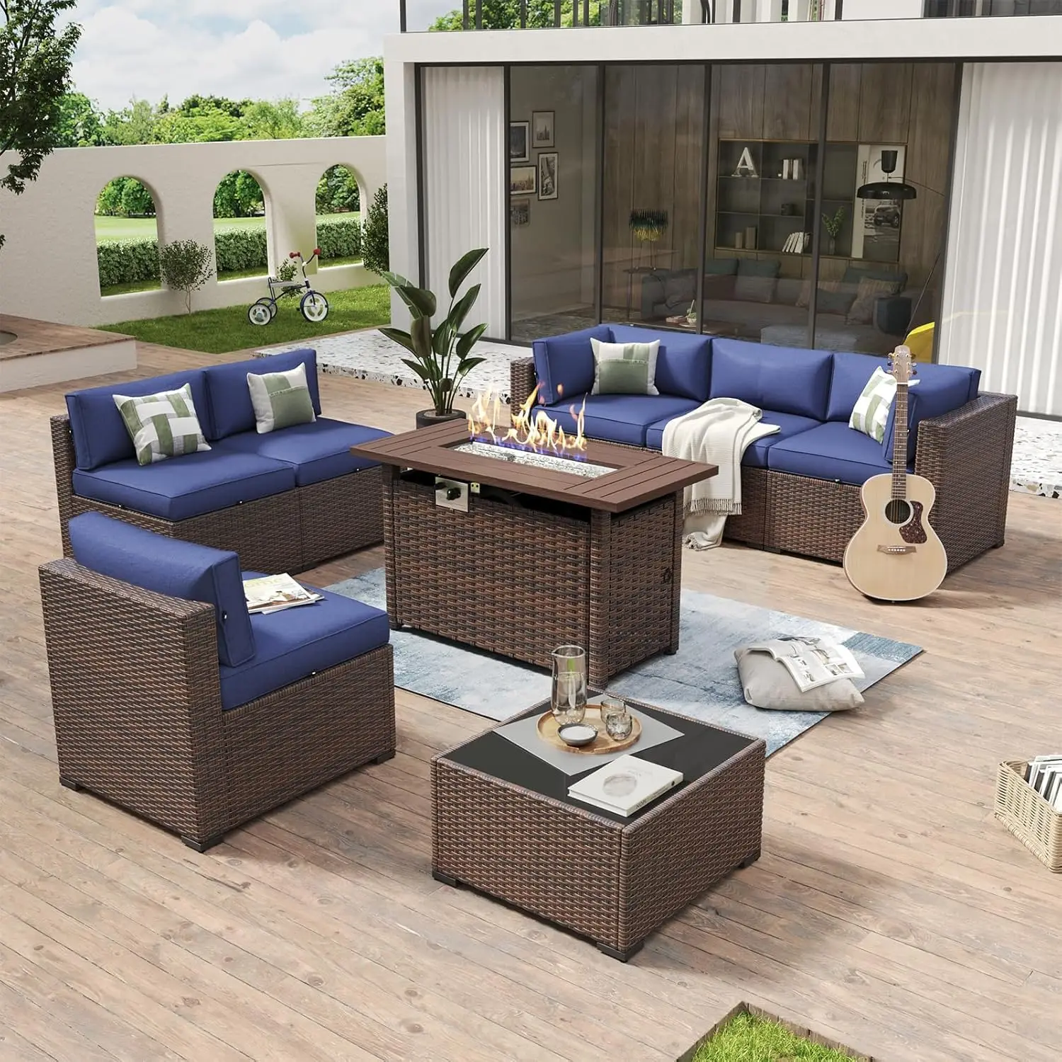 u*-8 Piece Patio Furniture Set With 44” Fire Pit Table Wicker Rattan Outdoor Sectional Sofa Set With Coffee Table And,