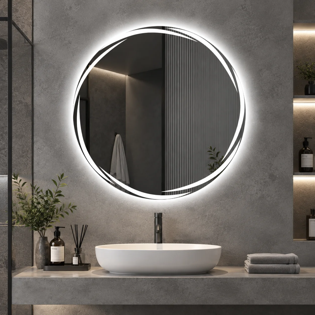 50cm Round LED Bathroom Mirror Anti Fog Smart Touch Dimmable Backlit Wall Mounted Vanity Mirror HD Shatterproof Lighted Mirror