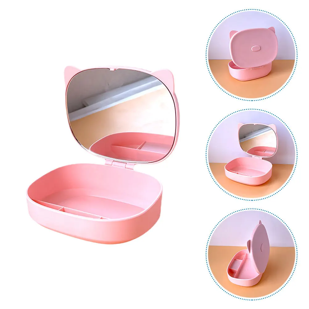 

Cartoon Cat Ear Storage Box Necklace Boxes with Mirror Earring Dog Bracelet Case Plastic Ears Design Dressing for