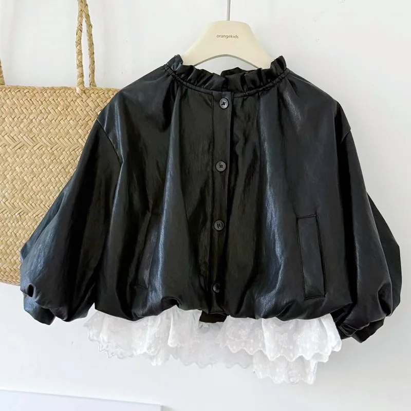

Girls Coats 2025 Autumn Spring Korean Style New Arrival Fashion Trendy Lace Patchwork Faux Leather Jacket Coats