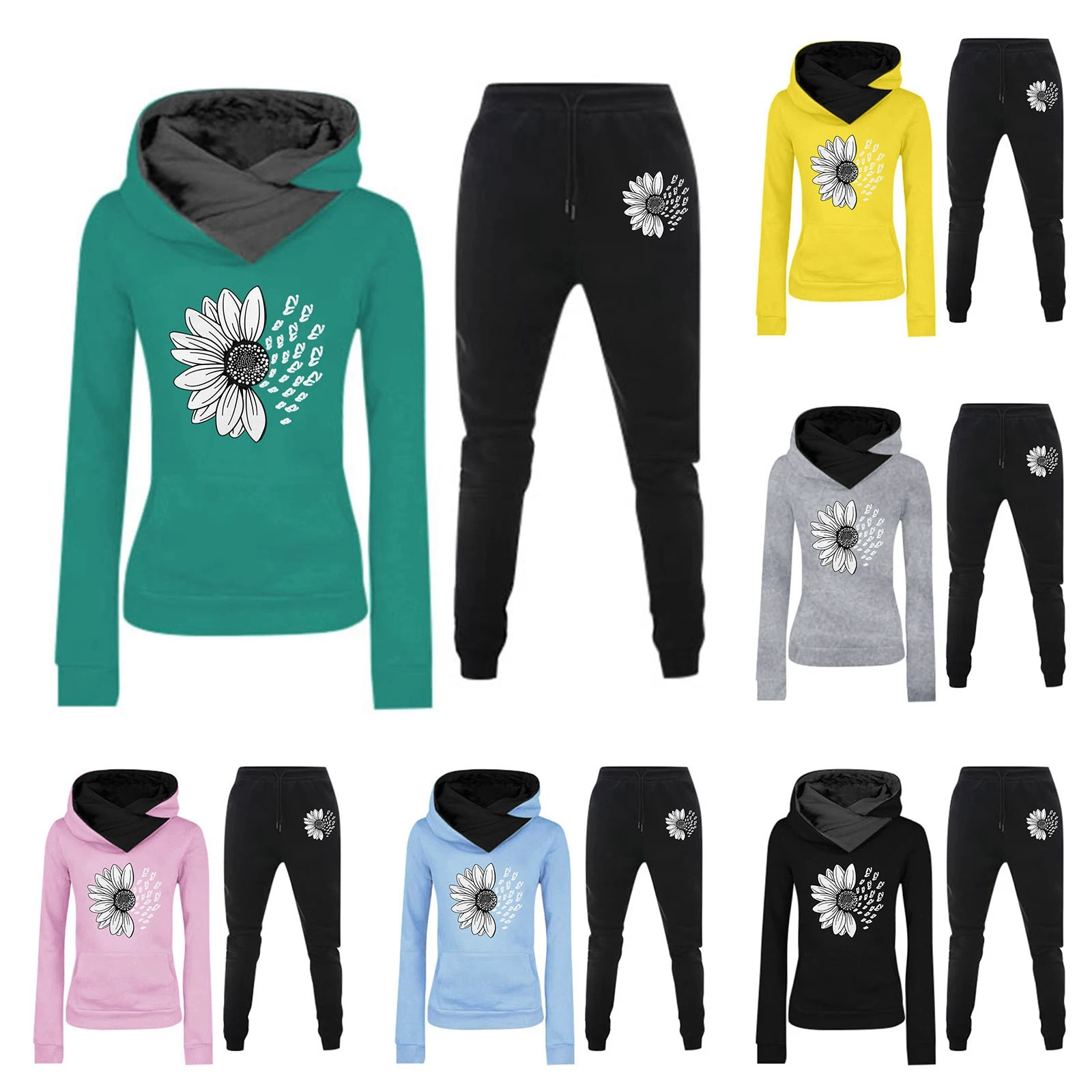 Women's Sunflower Print Fleece Lined Hoodie & Sweatpants Set Activewear For Style & Warmth Bridal Romper Ski Pants Bibs