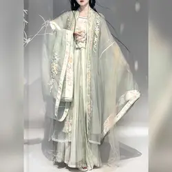 Green embroidered Hanfu Chinese traditional style summer Song style big sleeve shirt pleated gradient women's dress set