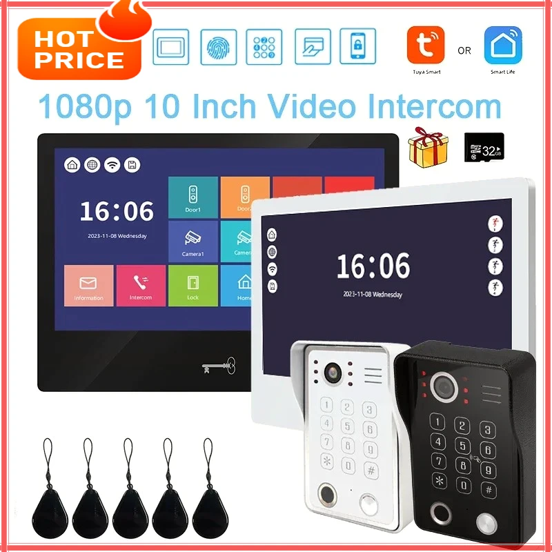 

Tuya 10-дюймовый сенсорный экран видеодомофона с проводным дверным звонком 1080P Приложение Пароль Карта отпечатков пальцев Монитор разблокировки один клик