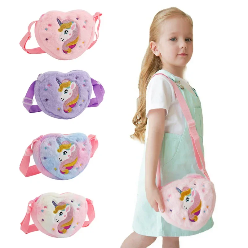 Children's Heart-shaped Unicorn Cartoon Shoulder Bag Plush Love Slant Bag Kindergarten Girls Light Cute Small Schoolbag